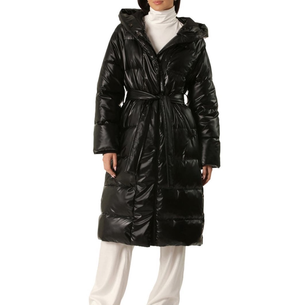 Avec Les Filles Faux Leather Belted Hooded Puffer Jacket
